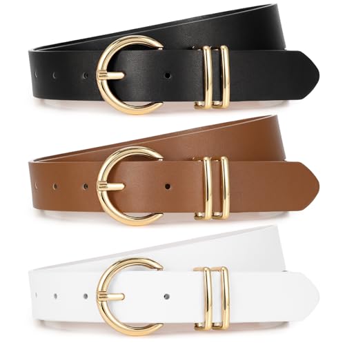 Image of XZQTIVE 3 Pack Women Belts For Jeans Dresses Pants Ladies Leather Waist Belt with Gold Buckle