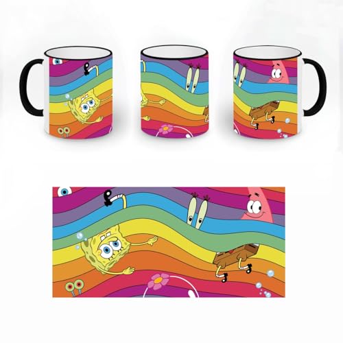 Elbenwald Copas Gary Meow, Rainbow y Squarepants Logo de Bob Esponja, 320 ml de capacidad, cerámica, impresión completa (arco iris)