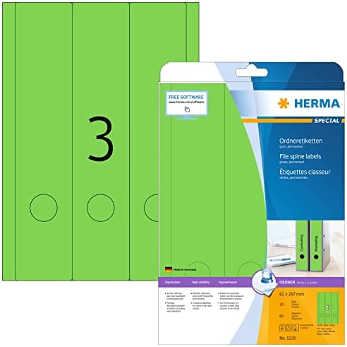 HERMA Self Adhesive Lever Arch File Labels, 3 Labels Per A4 Sheet, 60 Labels for Printers, Green, 61 x 297 mm (5139)