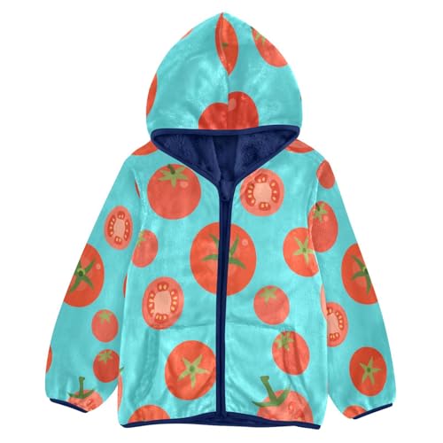 Tomato Pattern on Blue Background Toddler Fleece Jacket Girl Boys Hooded Fleece Jacket Coat Warm Outwear Zip-up 3-10T