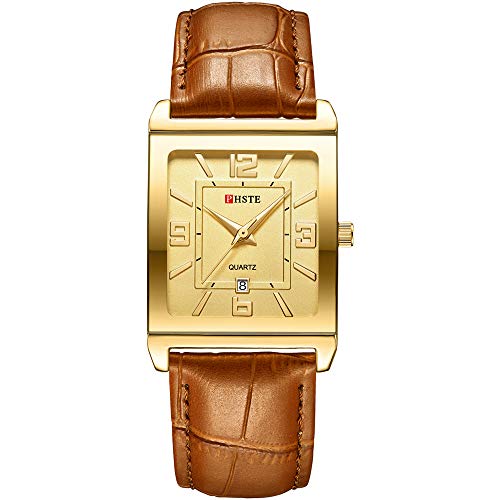 PHSTE Men's Square Analog Quartz Watch Date Waterproof Calfskin Brown Leather Band Rectangular Gold Face Casual Dress Wrist Watches Male Rectangle Dial Wristwatch
