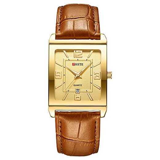 PHSTE Men's Square Analog Quartz Watch Date Waterproof Calfskin Brown Leather Band Rectangular Gold Face Casual Dress Wrist Watches Male Rectangle Dial Wristwatch