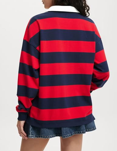 Women Long Sleeve Striped Polo Shirt Oversized Collar Y2k Pullover T Shirt Casual Loose Streetwear Rugby Sweatshirt3