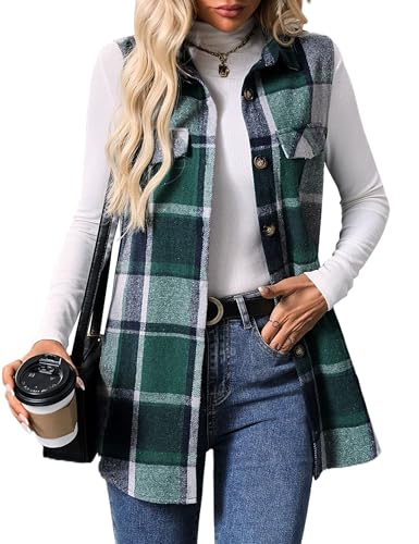 Mansy Womens Fall Flannel Plaid Outerwear Vest Casual Lapels Button Down Shirt Fashion Sleeveless Jacket Cardigan Coat - Main Image