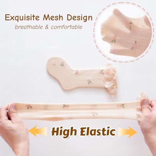 4 Pairs Baby Toddler Girls Princess Frilly Socks, Summer Ruffle Soft Cotton Thin Mesh Socks for Dress, 0~8T4