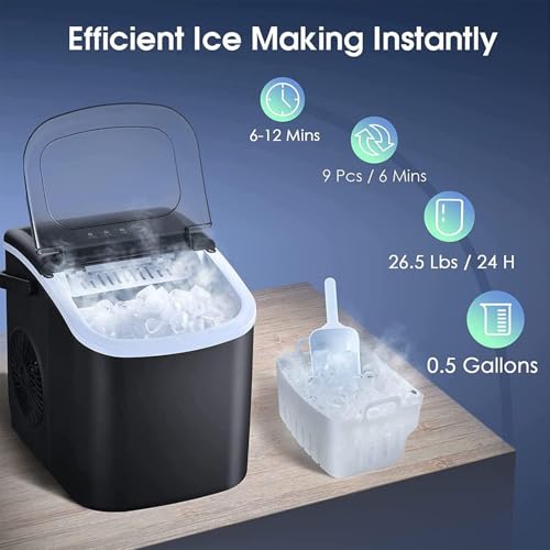 Fabricadora de hielo de sobremesa, 26,45 lb/24 h, 9 cubos en 6 minutos, máquina portátil con función de autolimpieza, ideal para cocina doméstica miniatura 3