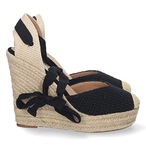 shoes&blues.es 65655-Sandalia de Cuna para Mujer, Comodas, Forrada de Yute, Pala Cerrada, y Cierre de Cordones, Primavera Verano 2022. Talla 37 Negro