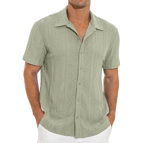 NITAGUT Men's Short Sleeve Shirts Casual Button Down Shirts Vacation Beach Summer Hollow Out Tops,Light Green,Large Cover