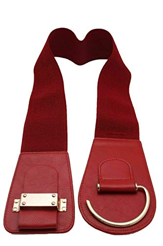 Women Fashion Elastic Wide Red Faux Leather Belt Hip Waist Metal Hook Buckle Size L XL4