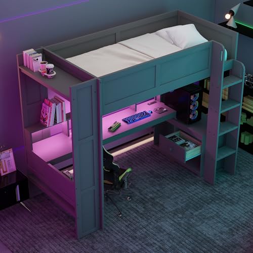 Image of Twin Size Gaming Loft Bed with Desk & Storage Drawers & Shelves & Charging Station & LED,Wood Loft Bed Frame with Cabinets,Bookshelf,Safety Guardrail and Ladder for Gamers Kids Teens Aldults,Dark Gray