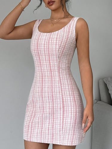 Image of Womens Summer Short Elegant Dresses Bodycon Formal Plaid Pencil Scoop Neck Dresses for Women 2025