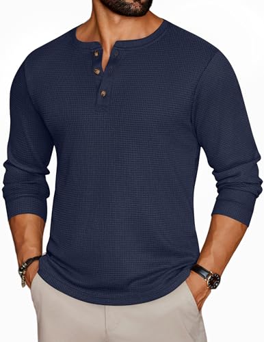Ekouaer Mens Henley Long Sleeve Shirts Waffle T-Shirt Lightweight Thermal Undershirts Navy Blue M