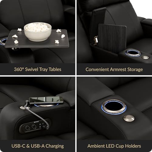 Image of Seatcraft Monterey Home Theater Seating Black Row of 5 Right Loveseat | Italian Leather, Wall Hugger, Zero Gravity, Powered Headrest, Power Recline, Zero Gap, USB charging