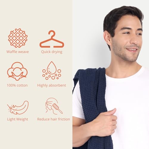 Image of HAMELIN The Ezra Waffle Hand Towel | Pure Cotton Lightweight Anti Microbial & Water Absorbent | Softer Touch Quick Drying Towels | Durable & Long Lasting | Blue | 70 cm x 43 cm | Pack of 1
