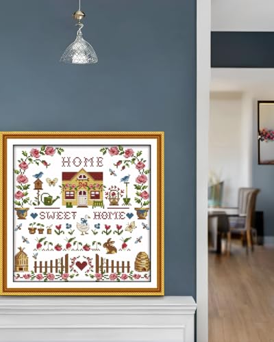 Image of CaptainCrafts New Cross Stitch Kits Embroidery Kit Full Range Pre-Printed and Counted Fabrics Kits for Adults Beginners Home Decor (Stamped 14CT, Sweet Home)