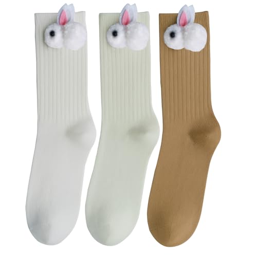 Image of 3 Pairs Women Cotton Crew Socks Animal Socks Cute Emulation Rabbit Decoration Women Casual Crew Sock