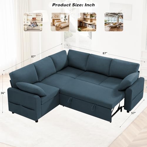 Image of 87 inch Fabric Sectional Sofa w /Pull Out Bed & Storage Space, Blue