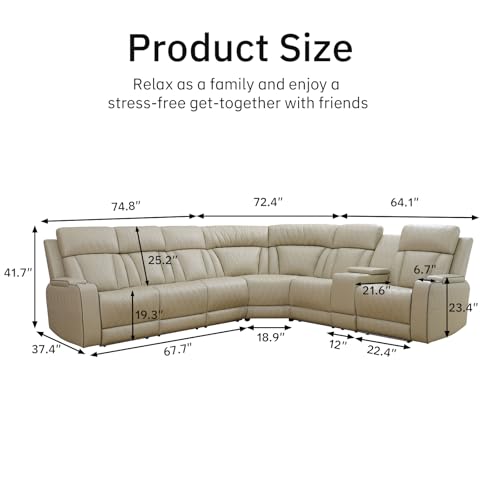Image of Power Reclining Sectional Sofa for Living Room - Reclining Couch with Console, Cup Holders, USB Ports and LED Lights, L-Shaped Home Theater Seating Set