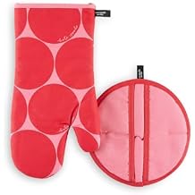 kate spade new york Joy Dot Oven Mitt & Pot Grabber 2-Pack Set, 7" x 13", 8" Round, Red/Rose Pink