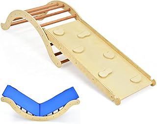 GYMAX 3 in 1 Kids Climbing Set, Indoor Climbing Arch with Reversible Ramp & Mat, Wooden Toddler Climber Frame for Playroom (Natural)