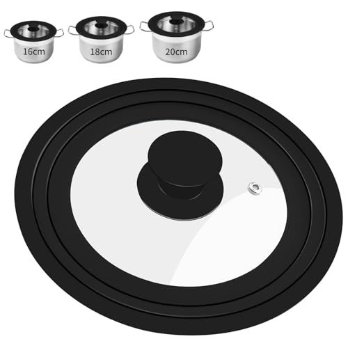 Zosenyer Tapa Sarten, 3 in 1 Tapas Sartenes 16/18/20 cm, Tapadera Sarten para Ollas, Tapa de Cristal, Tapa Universal con Borde de Silicona y Agujeros para Vapor, Resistente Altas Temperatura, Negro