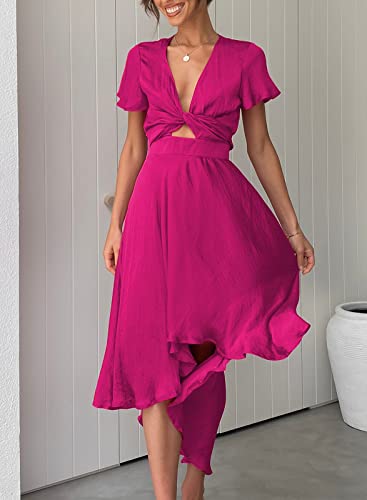 Image of miduo Womens Satin V Neck Ruffle Short Sleeve Tie Front High Waist Midi A-Line Maxi Dresses
