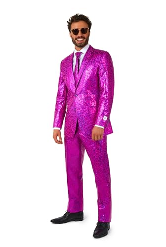 OppoSuits Traje para Hombre, Disfraz de Fiesta de Año Nuevo, Plateado a Cuadros holográficos, Incluye Blazer, Pantalones, Corbata, Rosa Pepino, 54, Rosa Peppy, 56