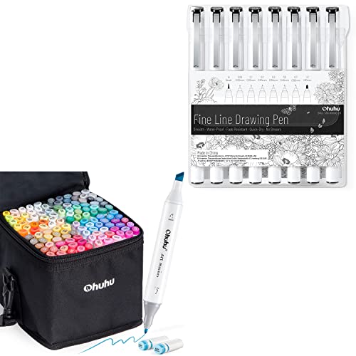 Ohuhu Alcohol Based Art Markers - Double Tipped Coloring Marker Set Fineliners Drawing Pen, Set Of 8 Pack Ultra Fine Line Drawing Markers #TOP8