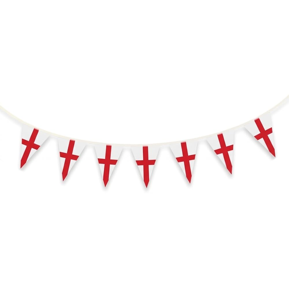 England Flag Bunting - 7.5 Metre (24.6 Feet) St George’s Cross Triangular Pennant Banner - 30 Red & White Flags - Durable Paper Fabric Decoration for World Cup & National Celebrations