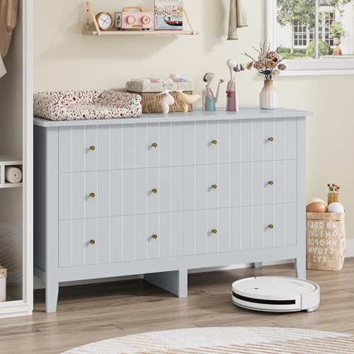 Image of FOTOSOK White Dresser, Chest of Drawers, Modern 6 Drawer Double Dressers with Deep Drawers, Nursery Dresser for Baby, Wide Storage Organizer Cabinet for Living Room, Hallway,Gray