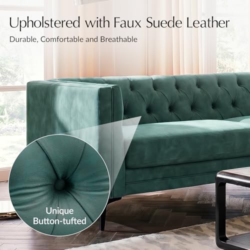 Image of HULALA HOME 84 inch W Faux Leather Sofa Couch with Metal Legs, Button-Tufted 3-Seater Sofa, Mid Century Modern Contemporary Upholstered Couch for Living Room, Entertainment Area, Apartment,Green