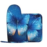 Blue Starry Butterfly Ofenhandschuhe und Topflappen, Set mit 2 hitzebeständigen rutschfesten Ofenhandschuhen und Topflappen, waschbare Kochpads, wasserdichte Kochhandschuhe für Küche, Backen, Grillen