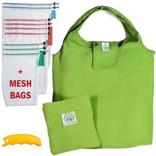Reusable Mesh Produce Bags, Foldable Grocery Bags with Tare Weight Tags, Eco-Friendly Grocery Bags for Shopping, Mesh Bags with Silicone Handle, All-in-One Set of 12