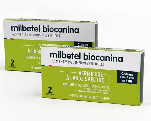 Milbetel Biocanina Chien +5 kg – Vermifuge Ultra Complet – Lot de 2 (4 Comprimés) – Élimine vers Ronds & Plats + Protection Ver du Cœur – Format Économique