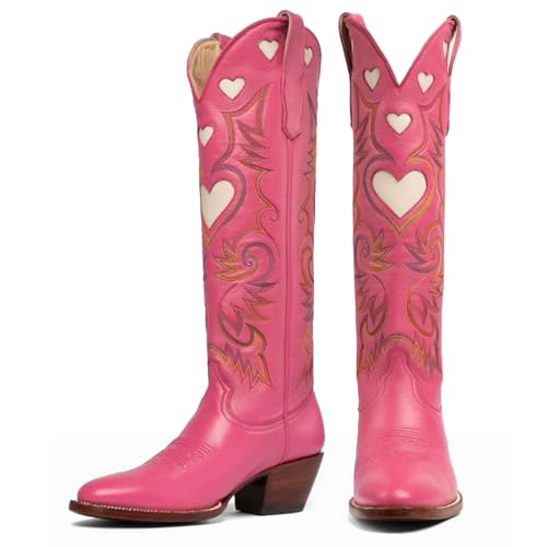 Cowboy Boots for Women Wide Calf Round Toe Chunky Stacked Heel Knee High Cowgirl Boot Heart Pattern Classic Embroidered Tall Western Booties Pull on