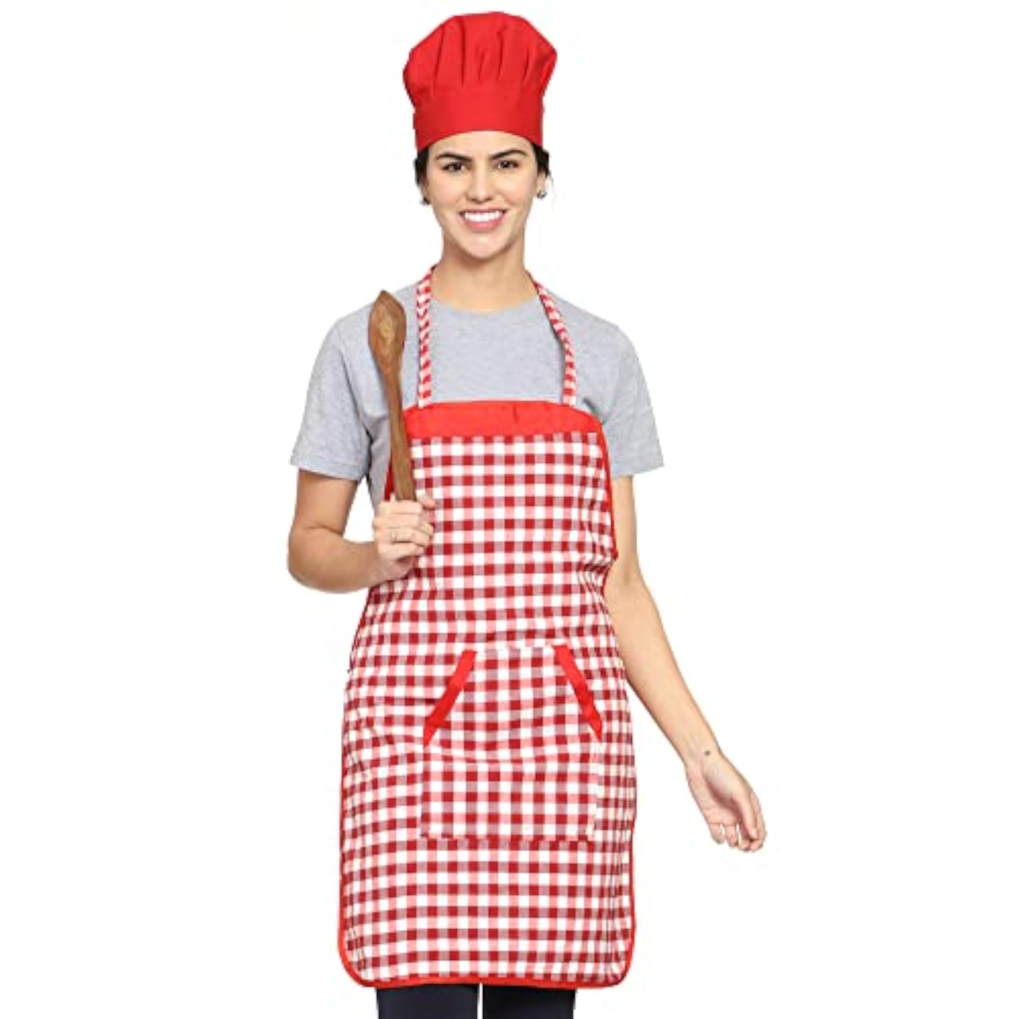Check Cotton Fabric Cross Dual Pocket Aprons for Women
