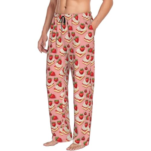 Mens Pajama Pants - Strawberry Cake Print Soft Sleep Lounge Pants For Men, Casual Pj Bottoms With Pockets