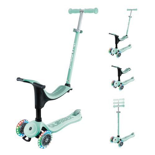 Globber - GO•UP Sporty Lights - Patinete evolutivo de 3 Ruedas con Asiento Desmontable, reposapiés y Luces LED, para niños de 15 Meses a 6 años - Color Verde Menta
