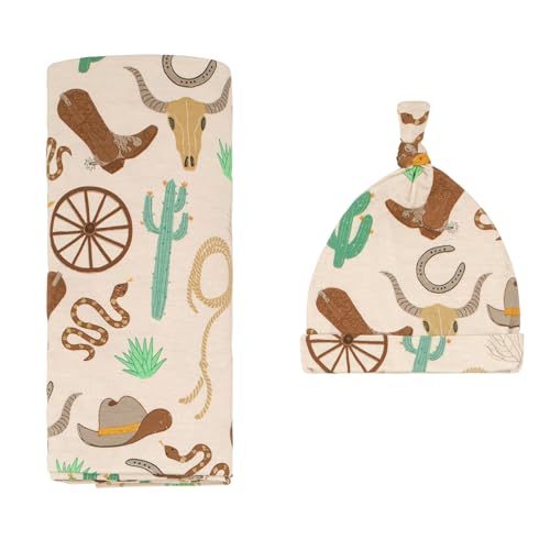 Image of Little Sleepies Swaddle & Hat Set, Baby Swaddles Newborns, Soft Viscose from Bamboo Swaddle Blanket Wrap (Caramel Ready to Rodeo)