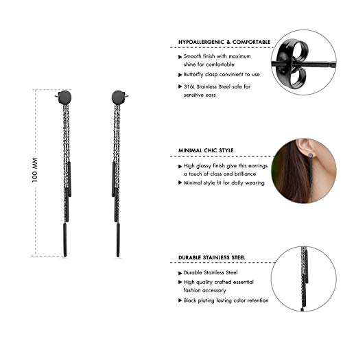 555Jewelry Womens Stainless Steel Chic Cute Stylish Triple Bar Tassel Long Chain Drop Dangle Dangling Earring Pair Classic Fashion Accessory Jewelry Post Nut Earrings, Black #TOP2