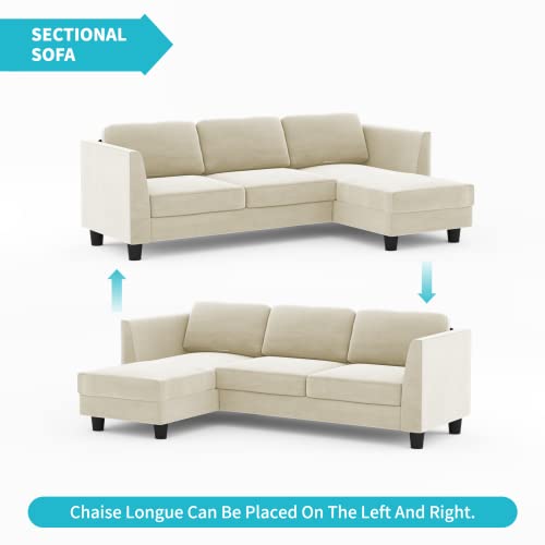 Cecer 86" W Sectional Couch Sofa With Reversible Chaise, Velvet 3-Seat Sectional Sofa, L Shaped Sofa, Couches For Living Room, Apartment, Beige #TOP4