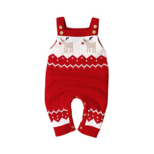 DovFanny Infant Baby Sweater Christmas Romper Sleeveless Toddler Jumpsuit Knitted Outfits with Reindeer Pattern Red?6-12 Month?