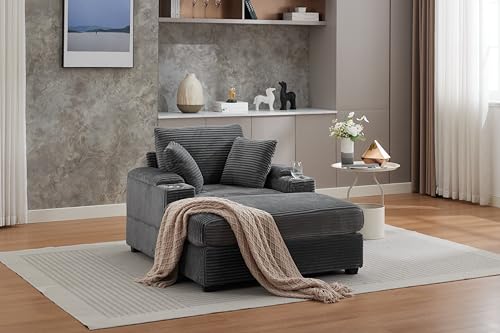 Image of 50 inch Corduroy Upholstered Chaise Lounge Chair Indoor, Modern Lazy Sofa with Storage Armrest, Sleeper Couch with Cup Holders for Living Room, Grey