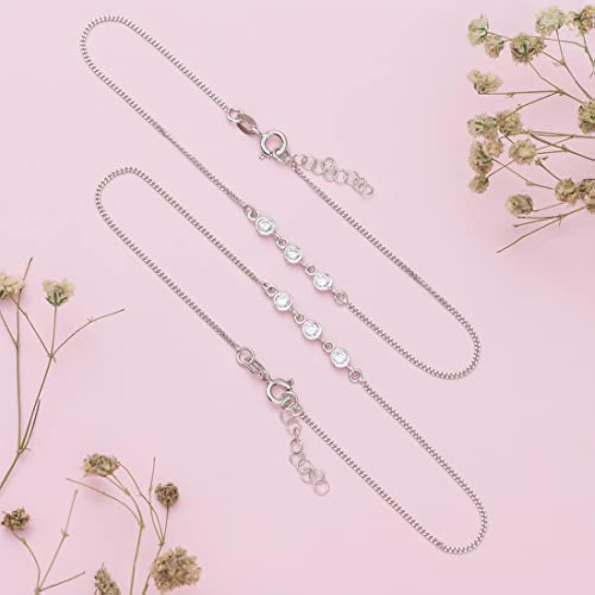 Women's 925 Sterling Silver Cubic Zirconia Adjustable Chain Anklet