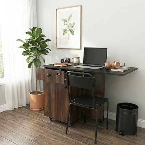 Image of Klaxon Foldable Study Table with Drawer & Storage Shelf | Compact Desk for Home & Students | Folding Design with Lockable Wheels. (Black, DIY Installation) (Aw & Black, Kora)