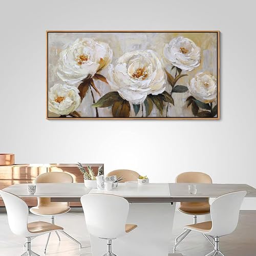 Image of Flower Canvas Wall Art Textured Floral Picture Wall Decor White Large Elegant Painting for Living Room Modern Artwork for Home Decor Pictures for Bedroom Wall Decor 24x48IN