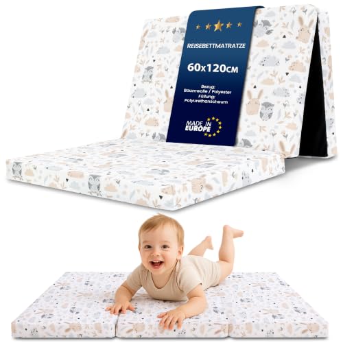 Klappmatratze Faltbare Reisebett Baby Matratze 60x120 cm - Faltmatratze für Kinder Gästematratze klappbar Babymatratze Bodenmatratze Schlafmatratze und Reisematratze 60 x 120 cm Eulen
