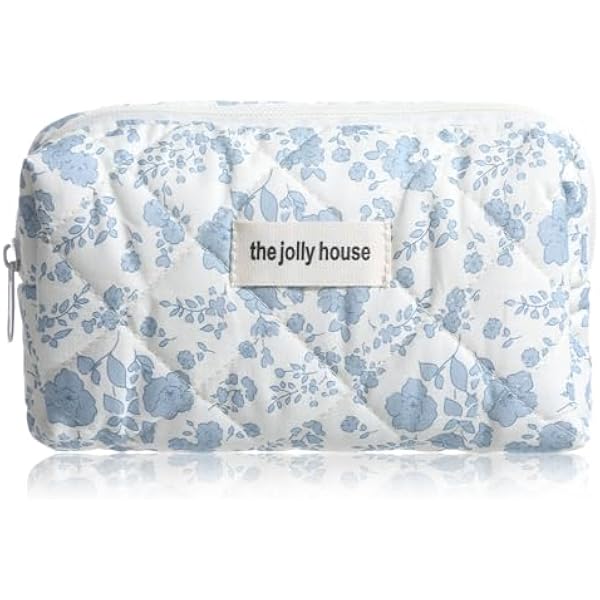 Nogeqi Podróżna kosmetyczka z kwiatowym wzorem, Aesthetic Quilted Makeup Bag kwiaty, pikowana kosmetyczka z bawełny, kosmetyczka dla dziewcząt, na przybory toaletowe, akcesoria kosmetyczne (niebieska)