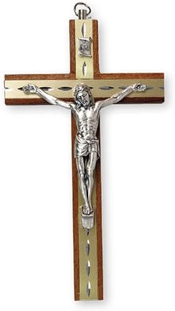 15cm Mahogany Wood Crucifix Cross Wall Hanging Wall Hanging Silver Jesus Diamond Cut Inlay 10581
