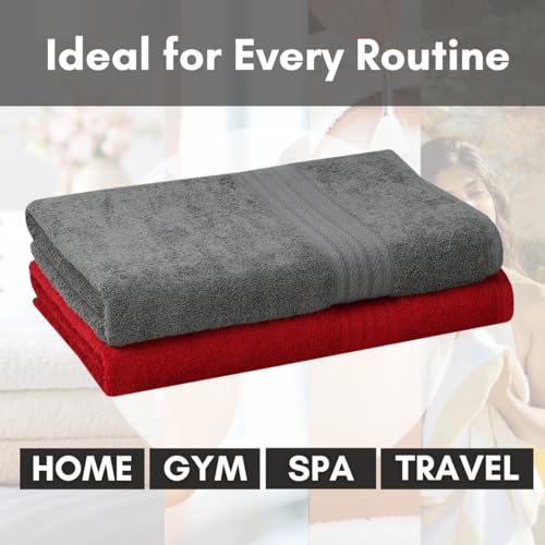 Image of Mafatlal Joy Bath Towel Large Size for Men - Pack of 2 | 58 x 29 inch | Soft Cotton | Quick Dry & Highly Absorbent | 450 GSM | Gray N Red